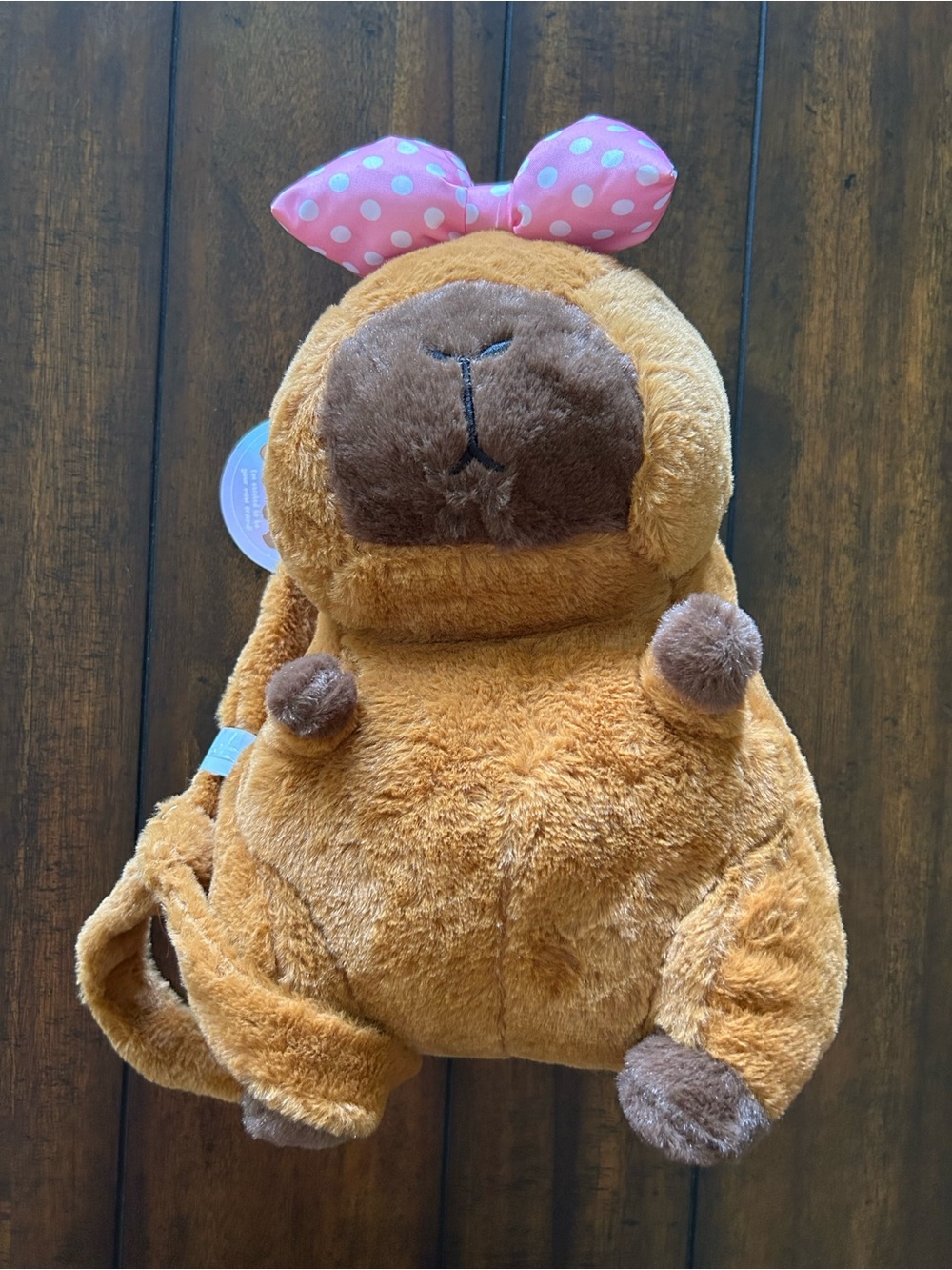 Under One Sky Plush Capybara Backpack with Pink Polka Dot Bow - Brown